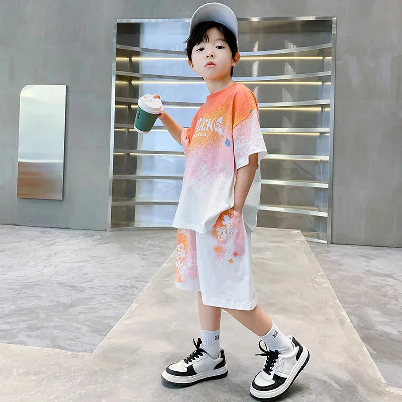 Summer Boys Sets Kids Basketball Sports Suit New Children's Fashion Loose Outfit Baby Short-Sleeved Top Shorts 2 Piece 2-14 Year