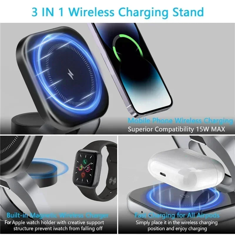 3 In 1 Magnetic Wireless Charger Stand Pad Magnet Fast Charging Station For Magsafe iPhone 16 15 Samsung Galaxy Apple Watch 1-9