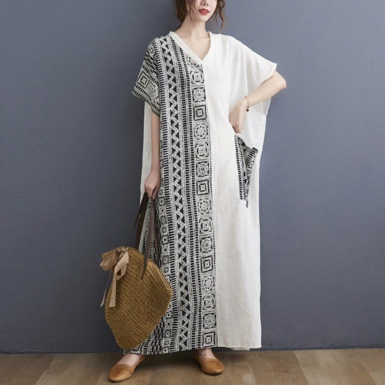 Ladies Cotton Linen Retro V-neck Color Matching Long Robe Dress (Color:Black Size:One Size)