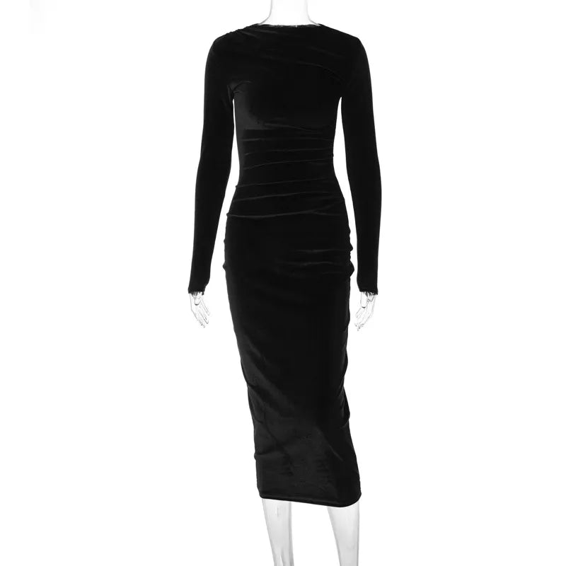 Women Fashion Solid Color Pleated Long Sleeve Bodycon Dress