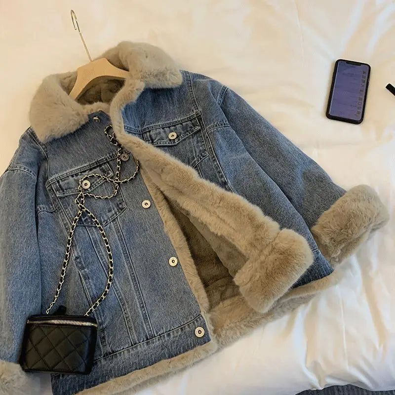 Women Fashion Winter Plush Lapel Denim Coat