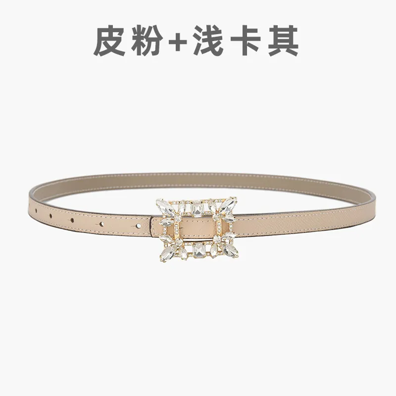 Women'S Fashion Casual Personality Rhinestone Alloy Smooth Buckle Genuine Leather Thin Belt