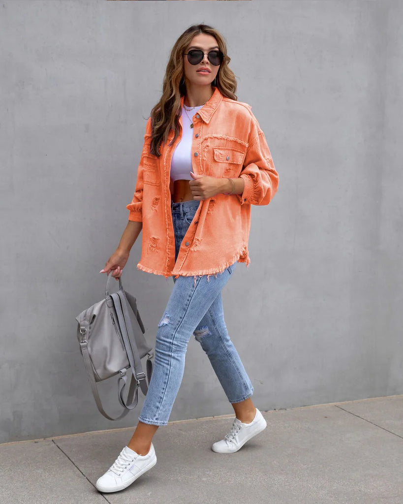 Women Fashion Casual Lapel Ripped Denim Coat Jeans