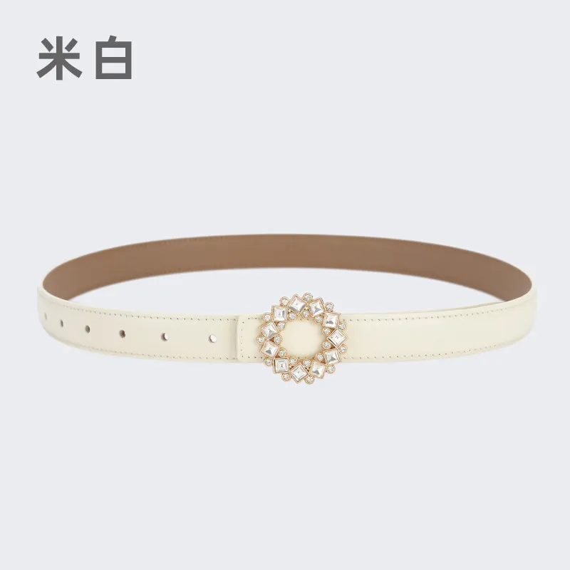 Women'S Fashion Casual Rhinestone Round Alloy Buckle Leather Belt