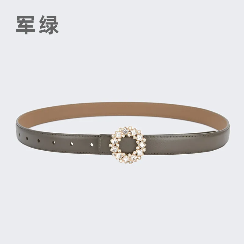 Women'S Fashion Casual Rhinestone Round Alloy Buckle Leather Belt