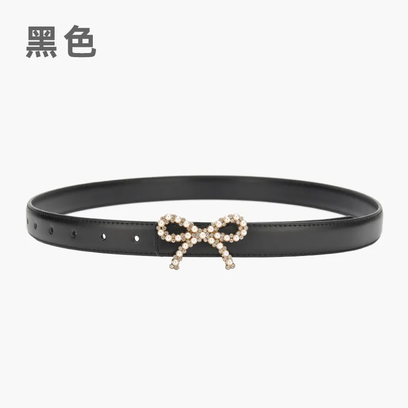 Women'S Fashion Casual Pearl Bowknot Alloy Smooth Buckle Genuine Leather Belt