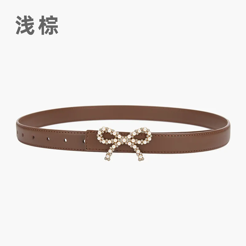 Women'S Fashion Casual Pearl Bowknot Alloy Smooth Buckle Genuine Leather Belt