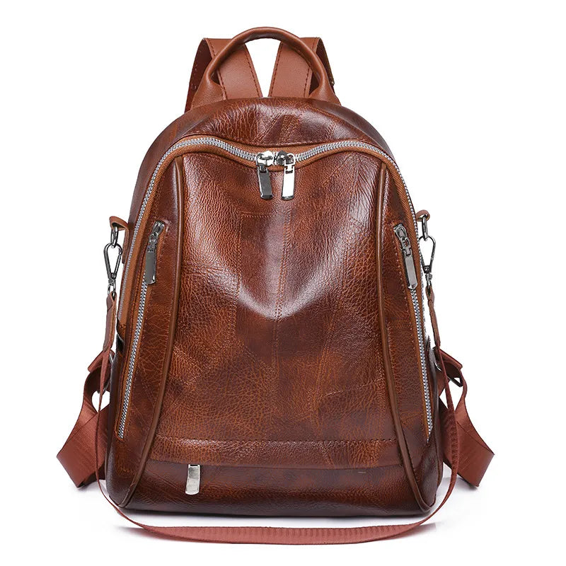 Women Fashionable Simple PU Large Capacity Zipper Backpack