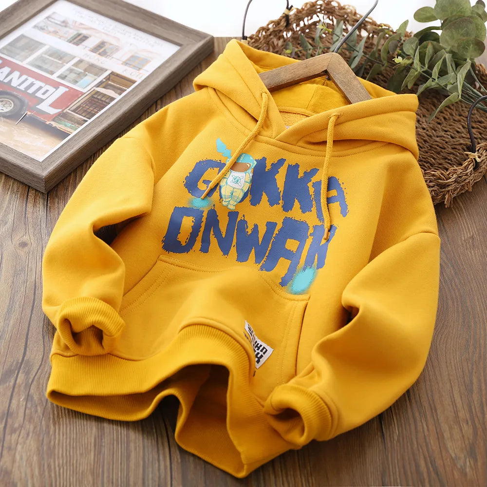 Boys Casual Spaceman Letter Pattern Fleece-Lined Thickening Hoodie