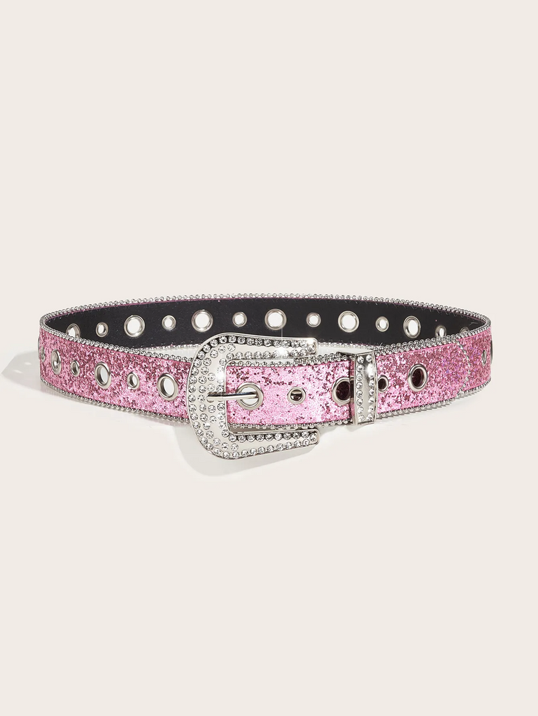 Women Fashion Alloy Rhinestone Pin Buckle Car Side Bead Size Corns Pink Belt