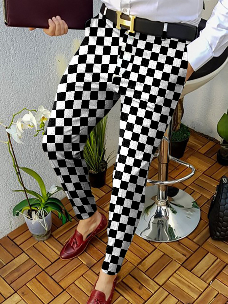 Men Basic Mid-Waist Plaid Printed Color Blocking Straight Suit Pants