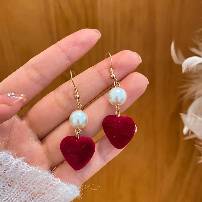 (Buy 1 Get 2) Valentine Day Women Fashion Cosmetic Red Bow Heart Pearl Earrings