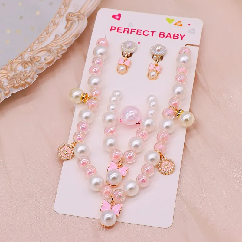 (Buy 1 Get 1) Children Kids Baby Fashion Girls Heart Pearl Bead Necklace Bracelet Earrings Set