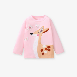 ( Buy 1 Get 1 )  Kids Toddler Big Girls Fashion Casual Cute Butterfly Fawn Embroidery Round Neck Long Sleeve T-Shirt