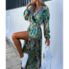 Women's Fashion Print Waist Long Sleeve Side Slit Dress
