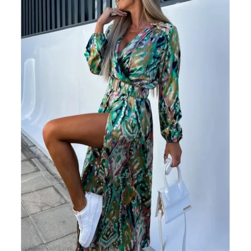 Women's Fashion Print Waist Long Sleeve Side Slit Dress