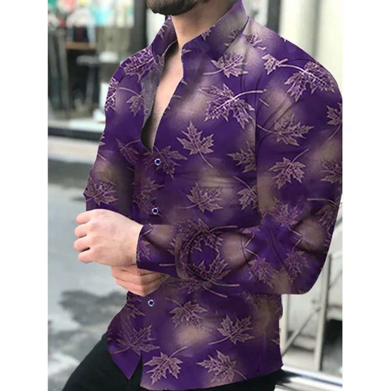 Men Fashion Casual 3D Maple Leaf Print Long Sleeve Lapel Shirt