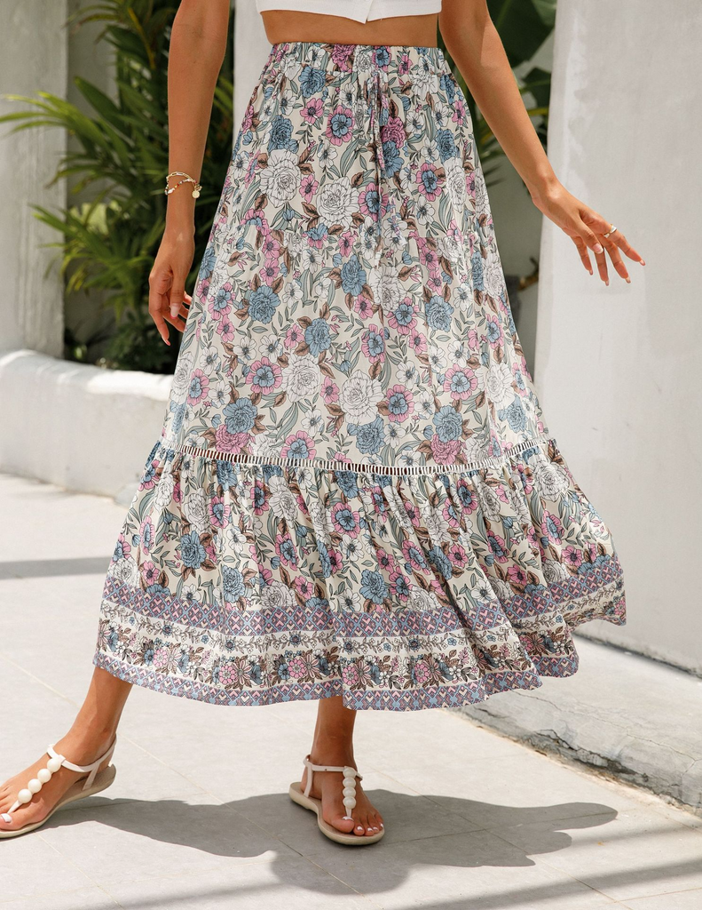 Women Fashion Summer Vacation Floral Print Swing Skirt