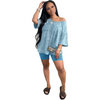 Women Fashion Casual Washed Drop Shoulder Loose T-Shirt Tight Shorts Two-Piece Set