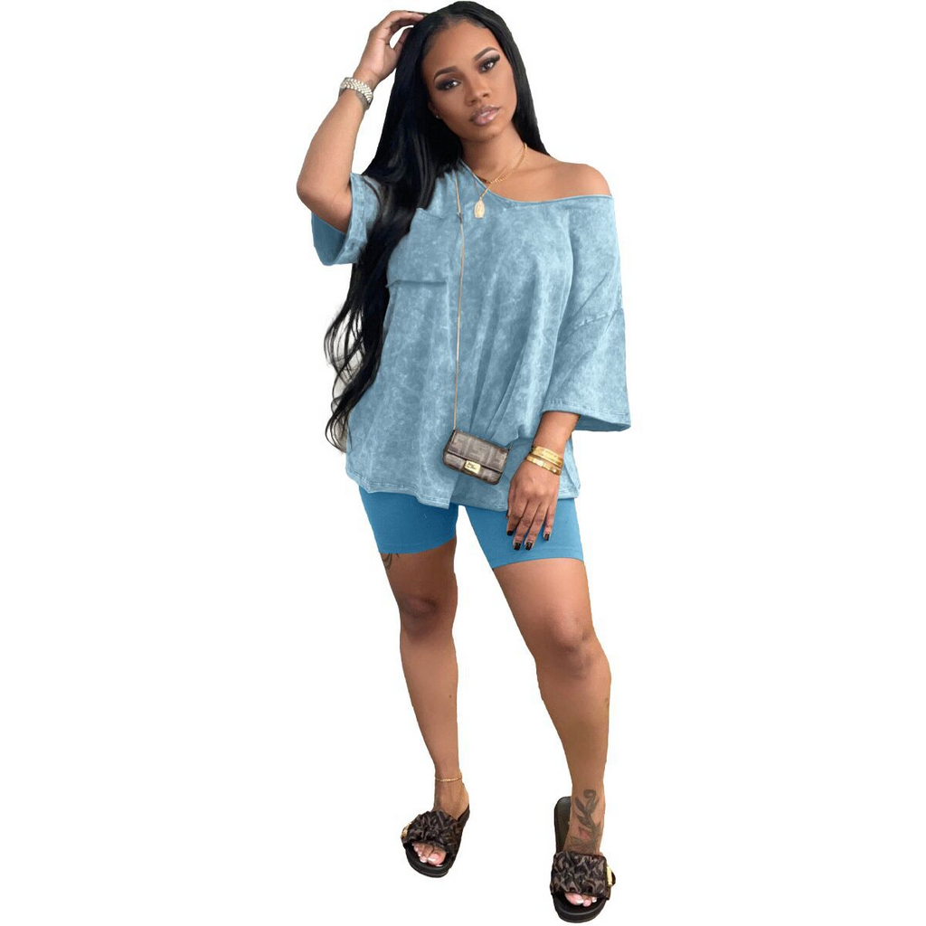 Women Fashion Casual Washed Drop Shoulder Loose T-Shirt Tight Shorts Two-Piece Set