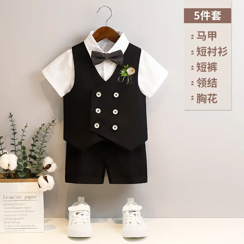 Kids Toddler Big Boys Autumn Winter Fashion Casual British Style Bow Waistcoat Short Sleeve Shirt Shorts Boys Party Clothing Set