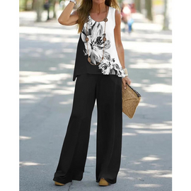 Summer Casual Women Floral Printed Sleeveless Blouse High Waist Pants Two-Piece Set