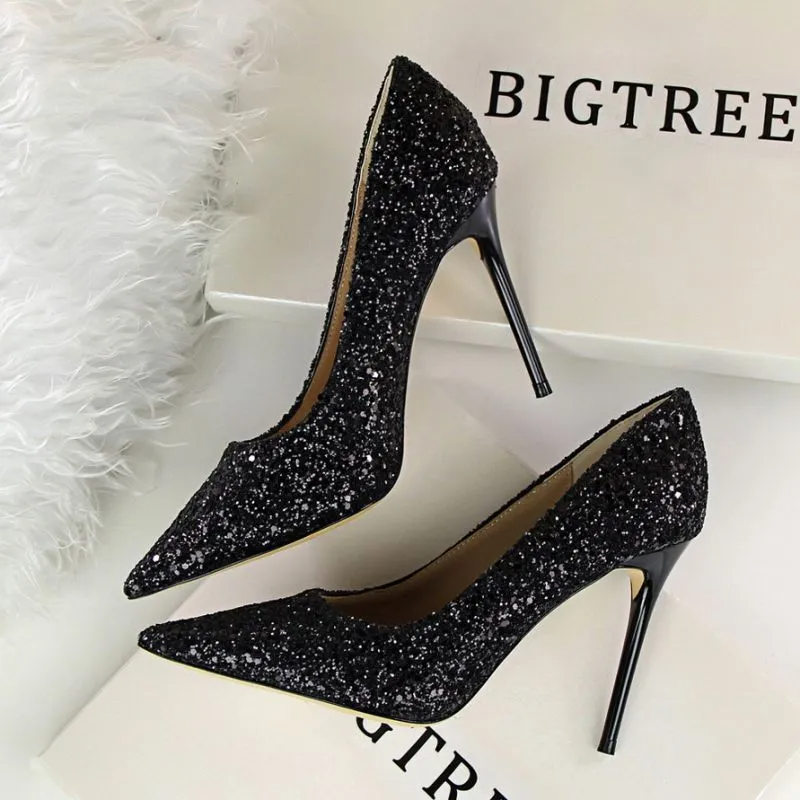 Women Sexy Shining Sequins Decor Pointed-Toe Stiletto Shoes Pumps