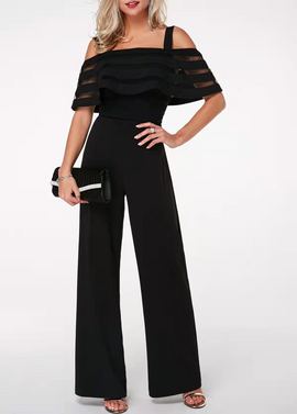 Women Fashion Causal Solid Color Patchwork Off Shoulder Ruffled Defined Waist Jumpsuits