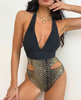 Women Sexy V-Neck Backless Graphic Printing Halter Neck One-Piece Swimsuit