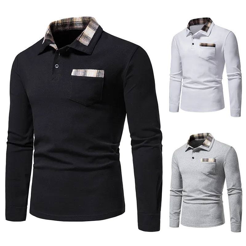 Men Casual And Long-Sleeved Plaid Collar Lapel Polo Shirt
