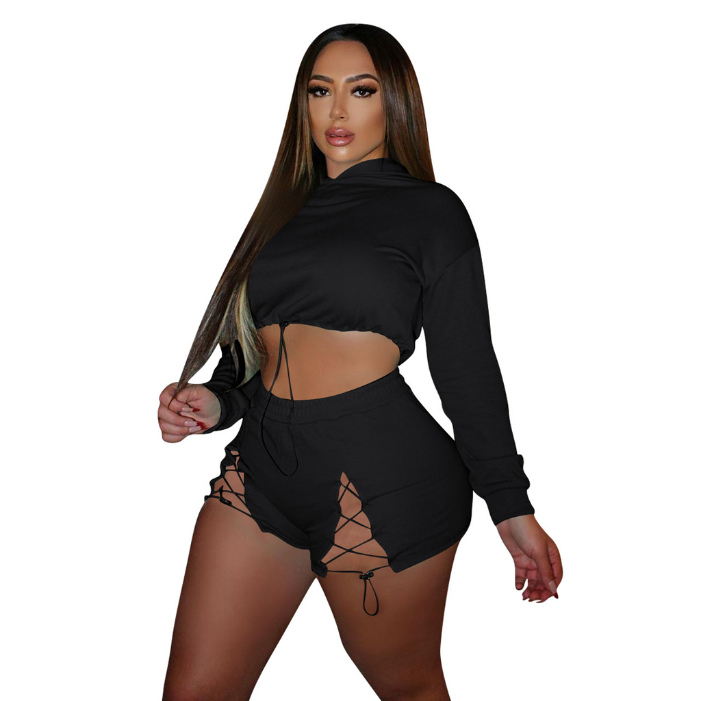Women Fashion Athleisure Solid Color Cropped Hoodie And Split Lace-Up Shorts Sports Set