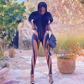 Women Edgy Sexy Night Out Color Blocking Mesh See-Through Leggings