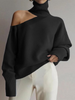 Women Casual Leopard Pattern Color Matching Turtleneck Off-The-Shoulder Knitted Sweater