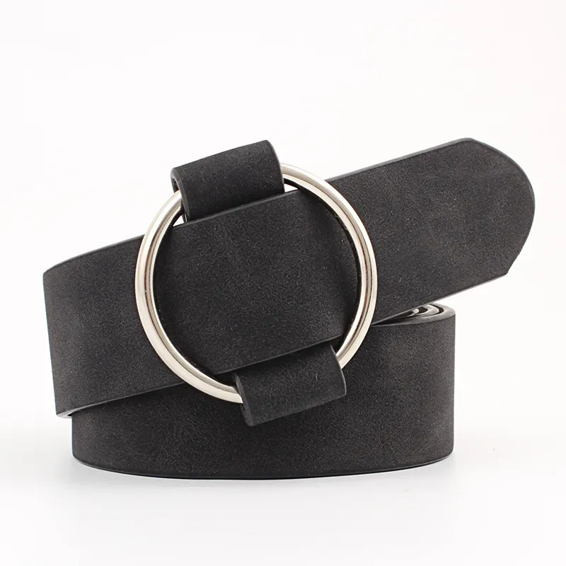 Women Causal Needleless Round Buckle Design Solid Color PU Belt