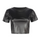 Women Summer Fashion Pu Leather Cropped Navel Round Neck Short Sleeve Top