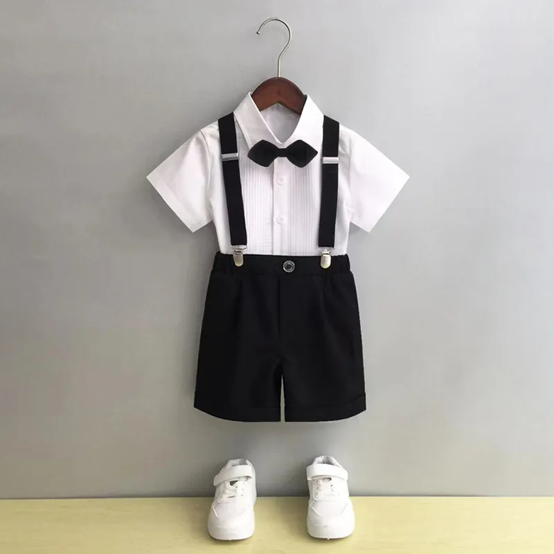 Kids Toddler Big Boys Summer Fashion Casual British Style Bow Shirt Suspender Trousers Boys Party Clothing Set