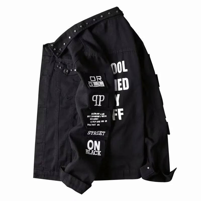 Men Casual Letter Print Multi-Pocket Rivet Button Loose Denim Jacket