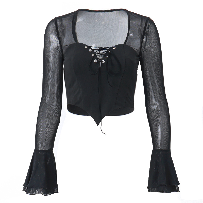 Women'S Fashion Mesh Bell Sleeve Crop Top