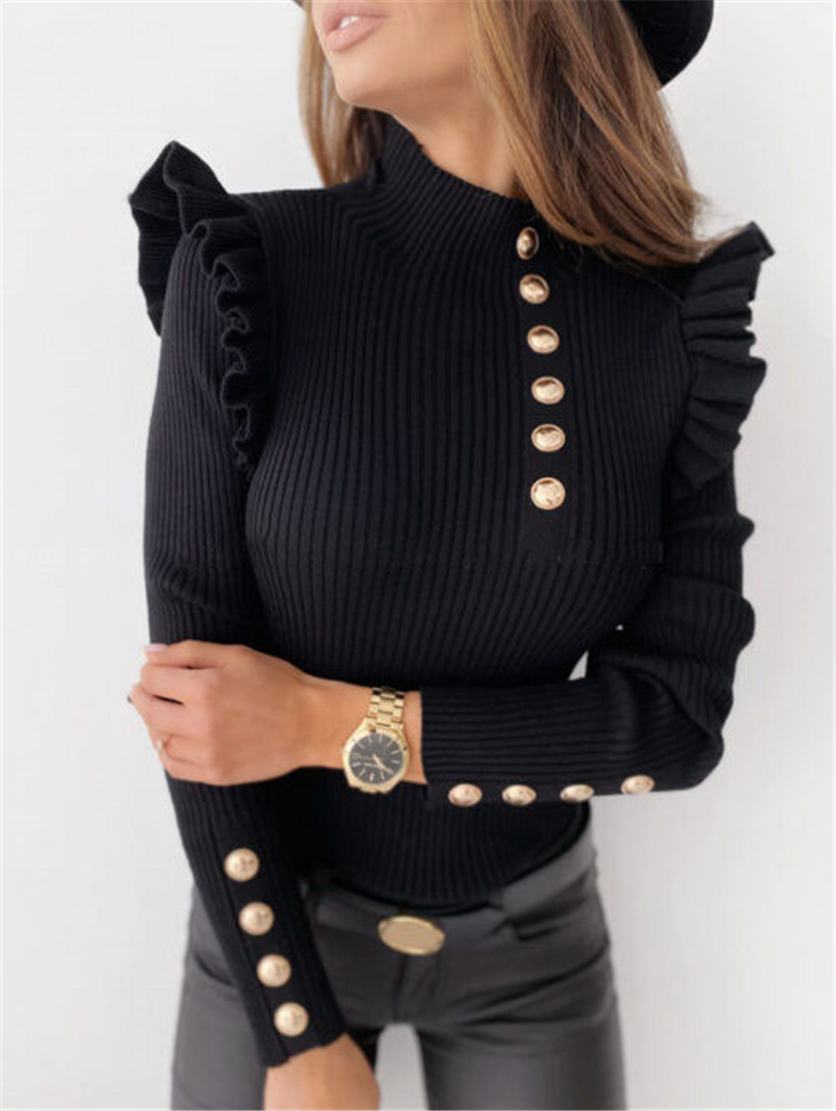 Women Casual Ruffled Long-Sleeved Solid Color Rib-Knit Knitted Top