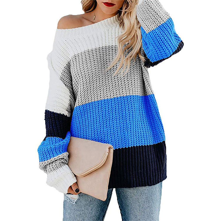 Women Casual Rainbow Color Stripe Stitching Pullover Loose Knitted Sweater