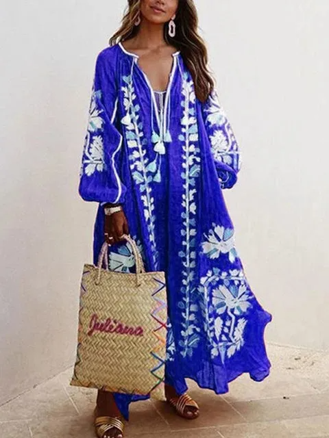 Ramadan /Eid Women Retro Loose V-Neck Long Sleeve Printed Maxi Dress