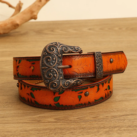 Women Fashion Casual Vintage Colorblock Rivet Carving PU Metal Buckle Belt