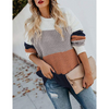 Women Casual Rainbow Color Stripe Stitching Pullover Loose Knitted Sweater