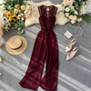 Women Fashion Causal Solid Color Lace Patchwork Hollow Sleeveless Defined Waist Jumpsuits