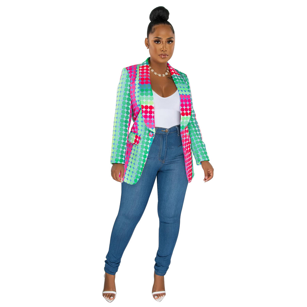 Women Fashion Printing Lapel V-Neck Long-Sleeved Blazer