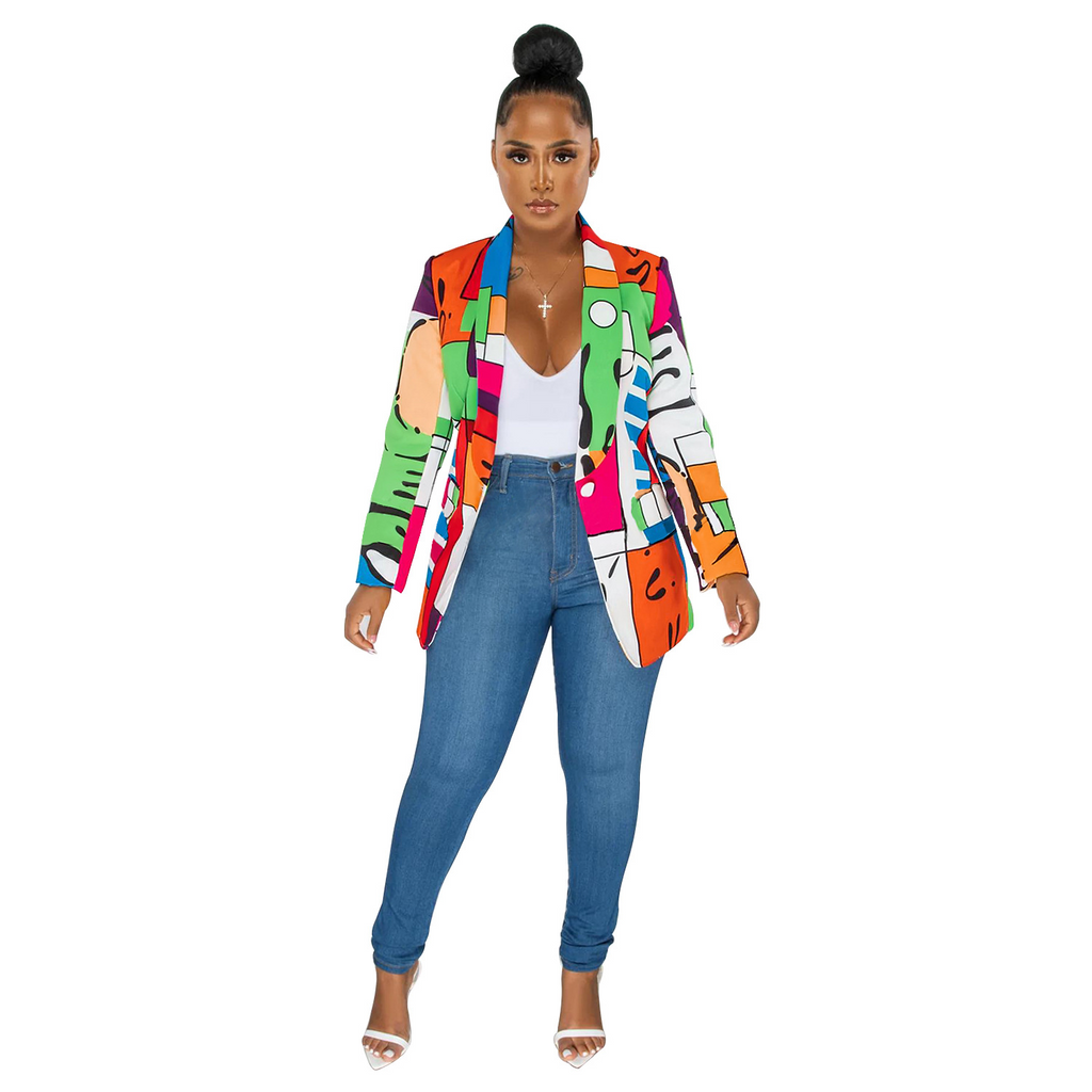 Women Fashion Printing Lapel V-Neck Long-Sleeved Blazer