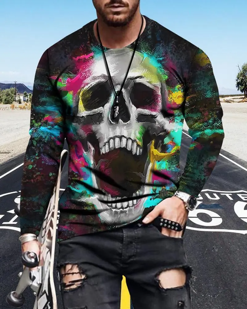 Men Spring Autumn Fashion Casual Personality 3D Printed Round Neck Long Sleeve T-Shirt