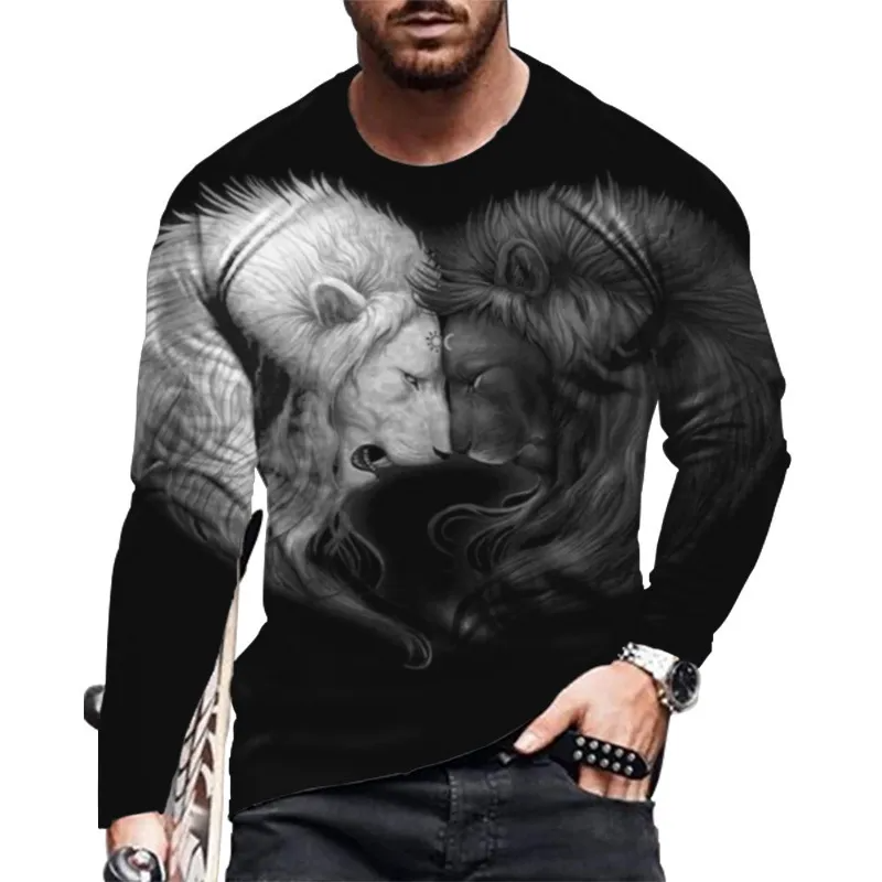 Men Spring Autumn Fashion Casual Personality 3D Printed Round Neck Long Sleeve T-Shirt