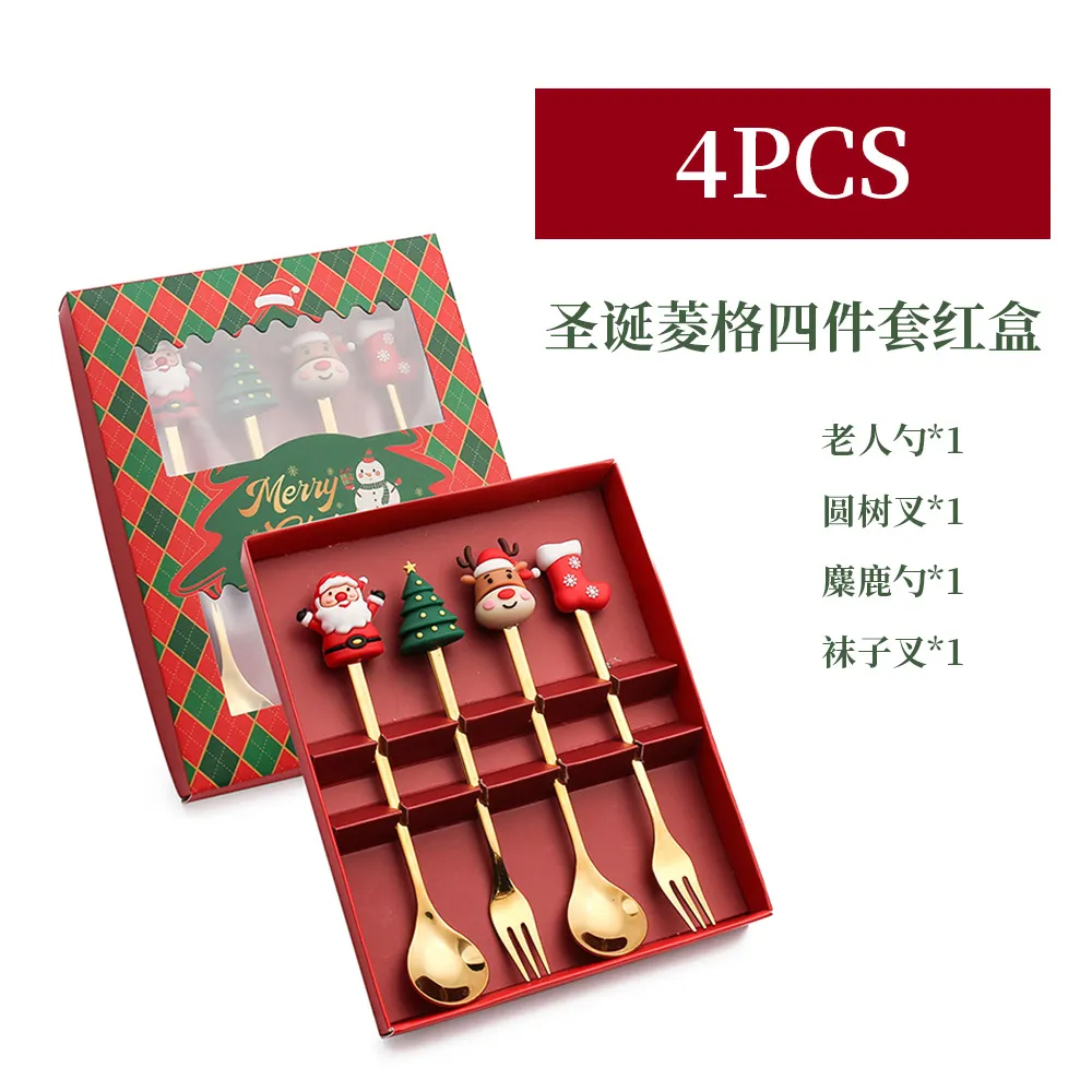 (Buy 1 Get 1) Cartoon Creative Santa Claus Stainless Steel Christmas Fork Spoon 4-Set Tableware