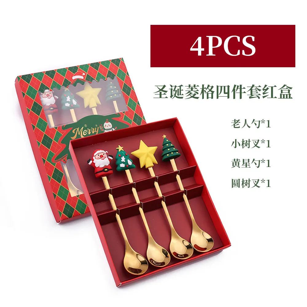 (Buy 1 Get 1) Cartoon Creative Santa Claus Stainless Steel Christmas Fork Spoon 4-Set Tableware